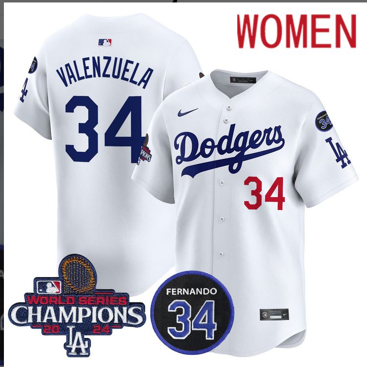 Women MLB Los Angeles Dodgers #34 Valenzuela white 2024 World Series Champions Patch Limited Jersey